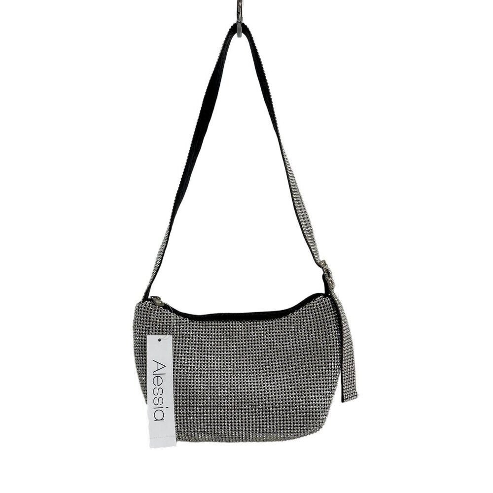 Alessia Rhinestone Mesh Silver Shoulder Bag Adjustable Strap & Zipper Closure - Picture 2 of 7
